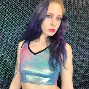 Pink and Blue Tie Dye Iridescent Sparkly Rave Crop Top